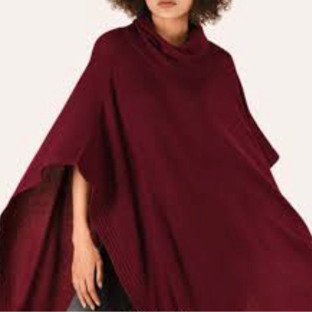 Adrienne Vittadini Wool/Yak Cowl Neck Poncho Sweater in Burgundy Size Medium
